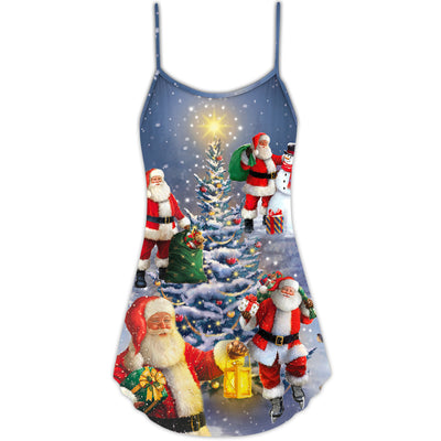 Christmas Santa Claus In Love Light Xmas Tree - V-neck Sleeveless Cami Dress - Owls Matrix LTD