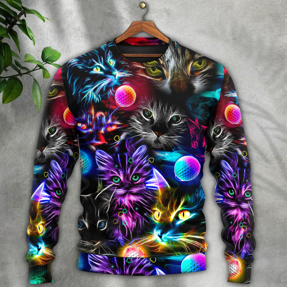 Cat Play Golf Neon Lightning Colorful Style - Sweater - Ugly Christmas Sweaters - Owls Matrix LTD