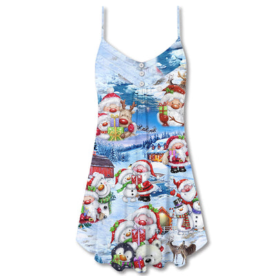 Santa And Snowman Christmas Holiday - V-neck Sleeveless Cami Dress - Owls Matrix LTD