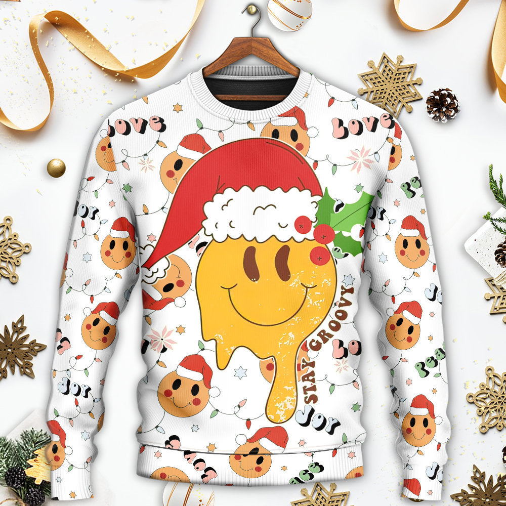 Christmas Hippie Groovy Santa Claus Smile Face - Sweater - Ugly Christmas Sweaters - Owls Matrix LTD