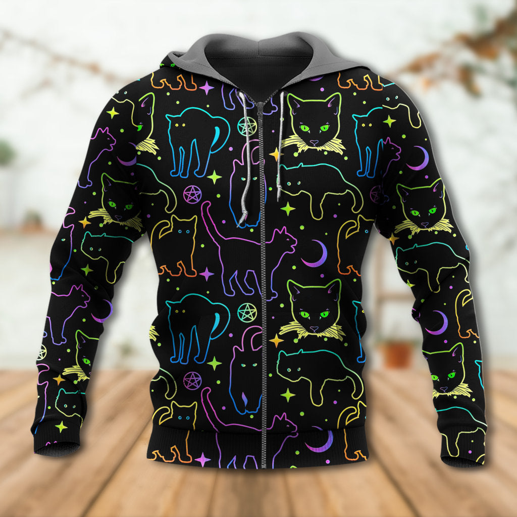 Cat Neon Colorful Playing With Kitten Magical - Hoodie - Owls Matrix LTD