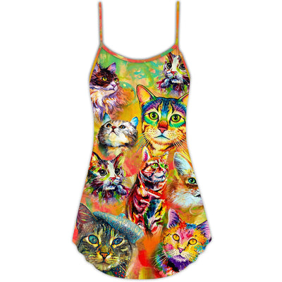 Cat Funny Lover Cat Colorful Painting Art Style - V-neck Sleeveless Cami Dress - Owls Matrix LTD