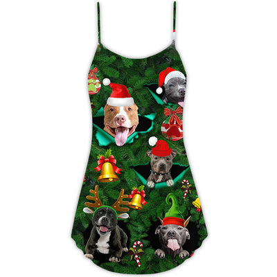 Dog Merry Pit-Mas PitBull Christmas - V-neck Sleeveless Cami Dress - Owls Matrix LTD