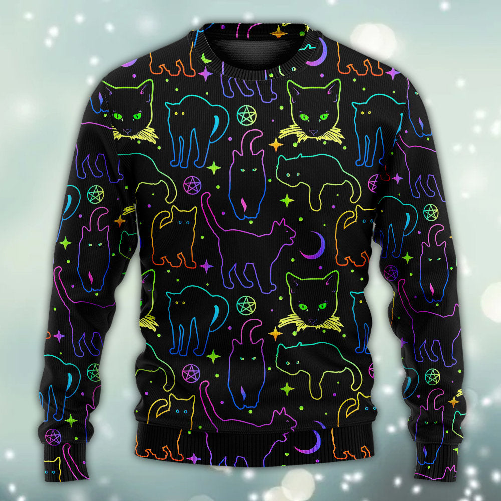 Cat Neon Colorful Playing With Kitten Magical - Sweater - Ugly Christmas Sweaters - Owls Matrix LTD