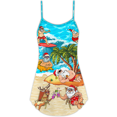 Christmas Santa Claus Chilling On The Beach Mele Kalikimaka Funny - V-neck Sleeveless Cami Dress - Owls Matrix LTD