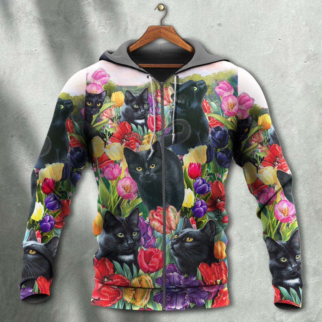 Black Cat Love Flowers Colorful - Hoodie - Owls Matrix LTD