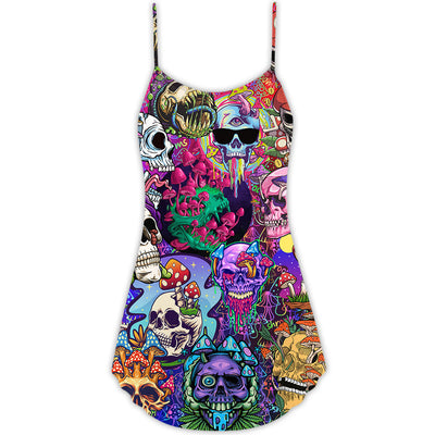 Hippie Mushroom And Skull Colorful Art - V-neck Sleeveless Cami Dress - Owls Matrix LTD