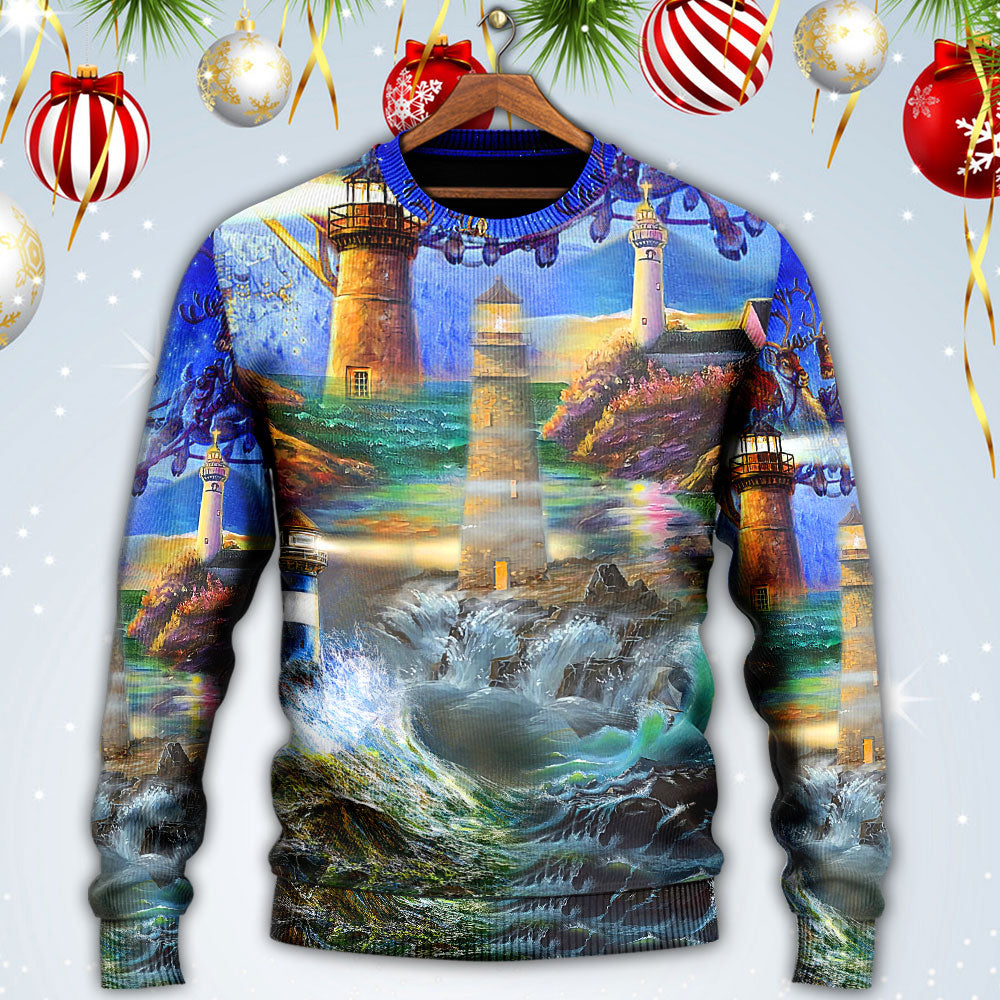 Lighthouse Christmas Santa Shine Like A Lighthouse - Sweater - Ugly Christmas Sweaters - Owls Matrix LTD