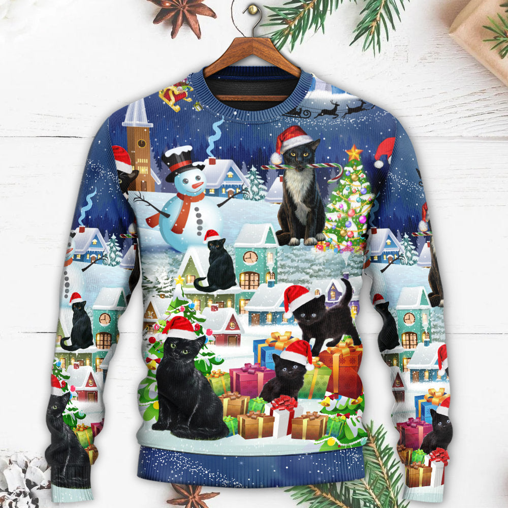 Christmas Black Cat Merry Catmas - Sweater - Ugly Christmas Sweaters - Owls Matrix LTD