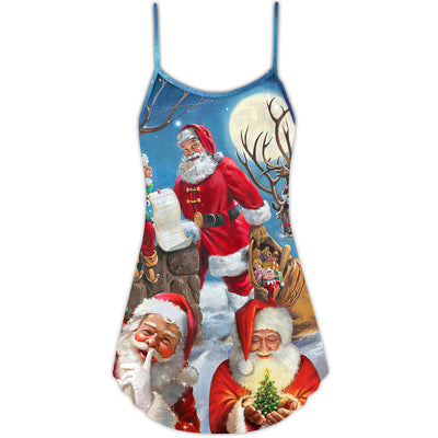 Christmas Funny Santa Claus Elf Xmas Is Coming Blue Sky Art Style - V-neck Sleeveless Cami Dress - Owls Matrix LTD