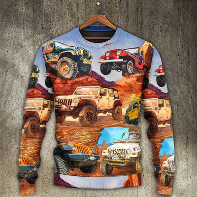 Jeep In The Desert Vintage Art Style - Sweater - Ugly Christmas Sweaters - Owls Matrix LTD