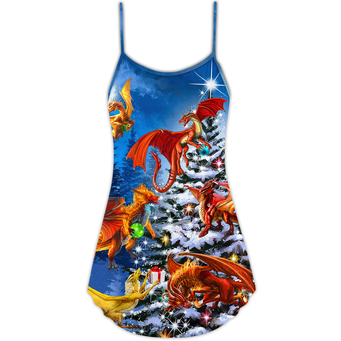 Christmas Dragon Family In Love Light Art Style - V-neck Sleeveless Cami Dress - Owls Matrix LTD