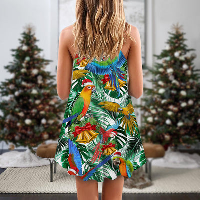 Christmas Parrot Love Xmas Tropical Leaf - V-neck Sleeveless Cami Dress - Owls Matrix LTD
