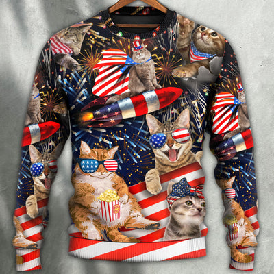 Cat Independence Day Happy Firework - Sweater - Ugly Christmas Sweaters - Owls Matrix LTD