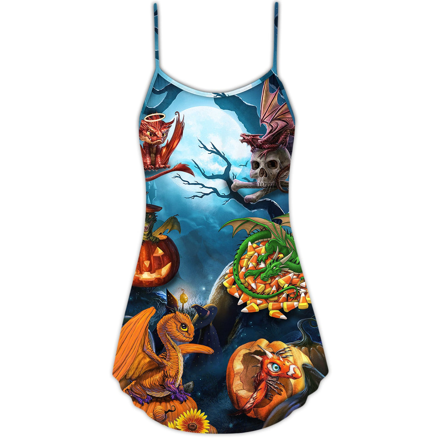 Halloween Dragon Pumpkin Scary Sky Night - V-neck Sleeveless Cami Dress - Owls Matrix LTD
