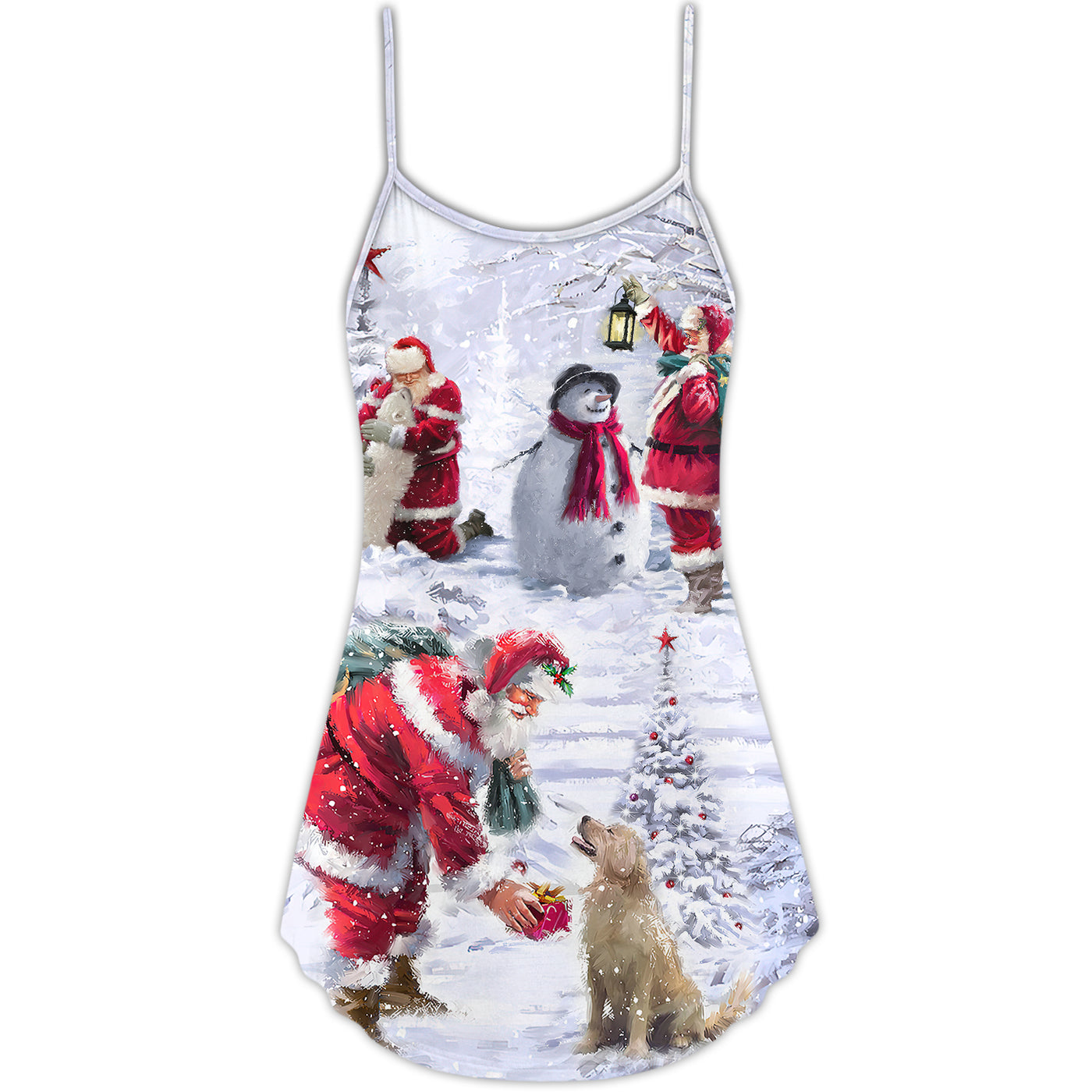 Christmas Santa Claus Chilling With Animal Snowman Happy Xmas Art Style - V-neck Sleeveless Cami Dress - Owls Matrix LTD