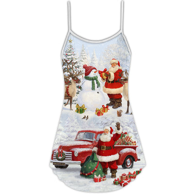 Christmas Santa Claus Gift For Xmas Snow Painting Style - V-neck Sleeveless Cami Dress - Owls Matrix LTD
