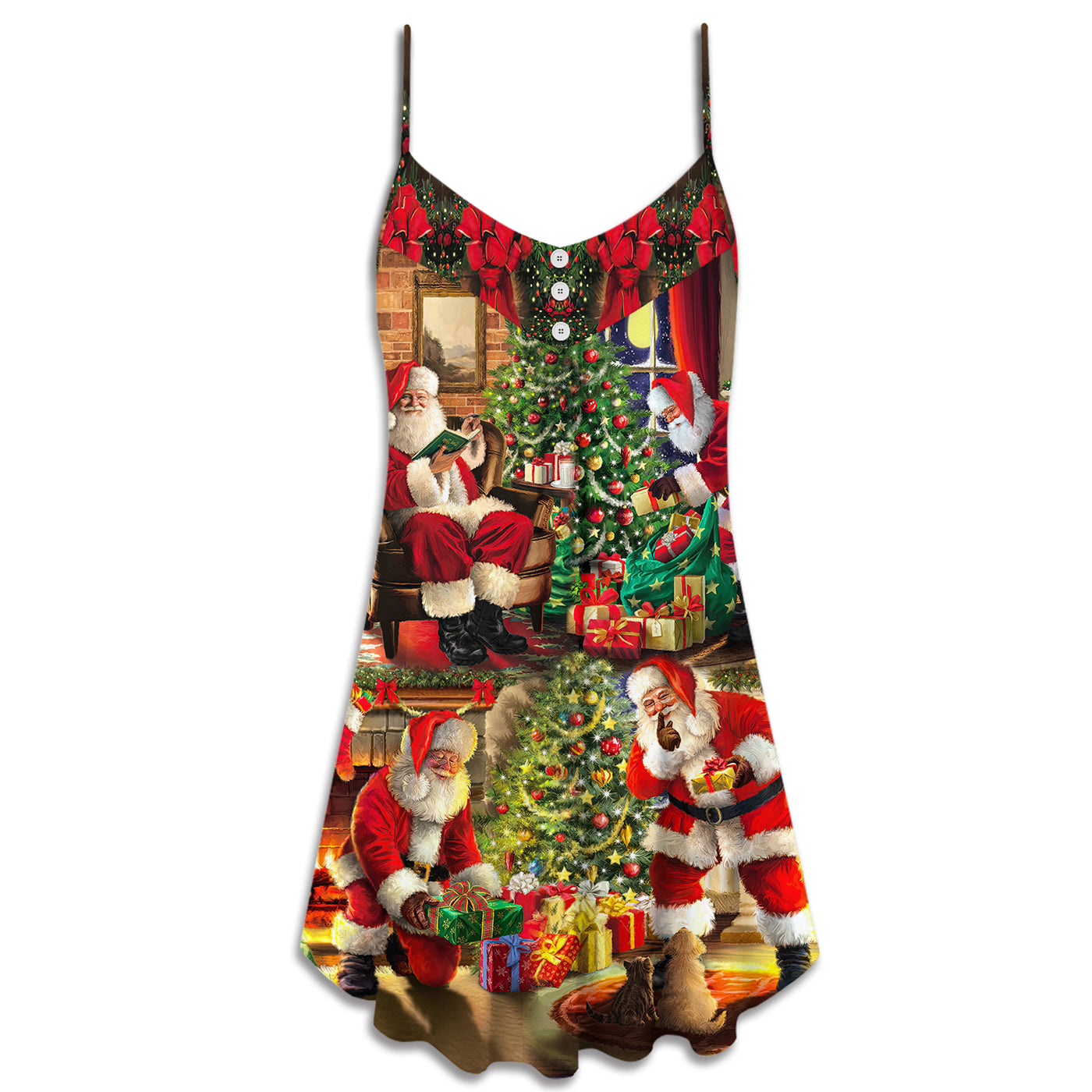Christmas Santa Claus Story Gift For Xmas Painting Style - V-neck Sleeveless Cami Dress - Owls Matrix LTD