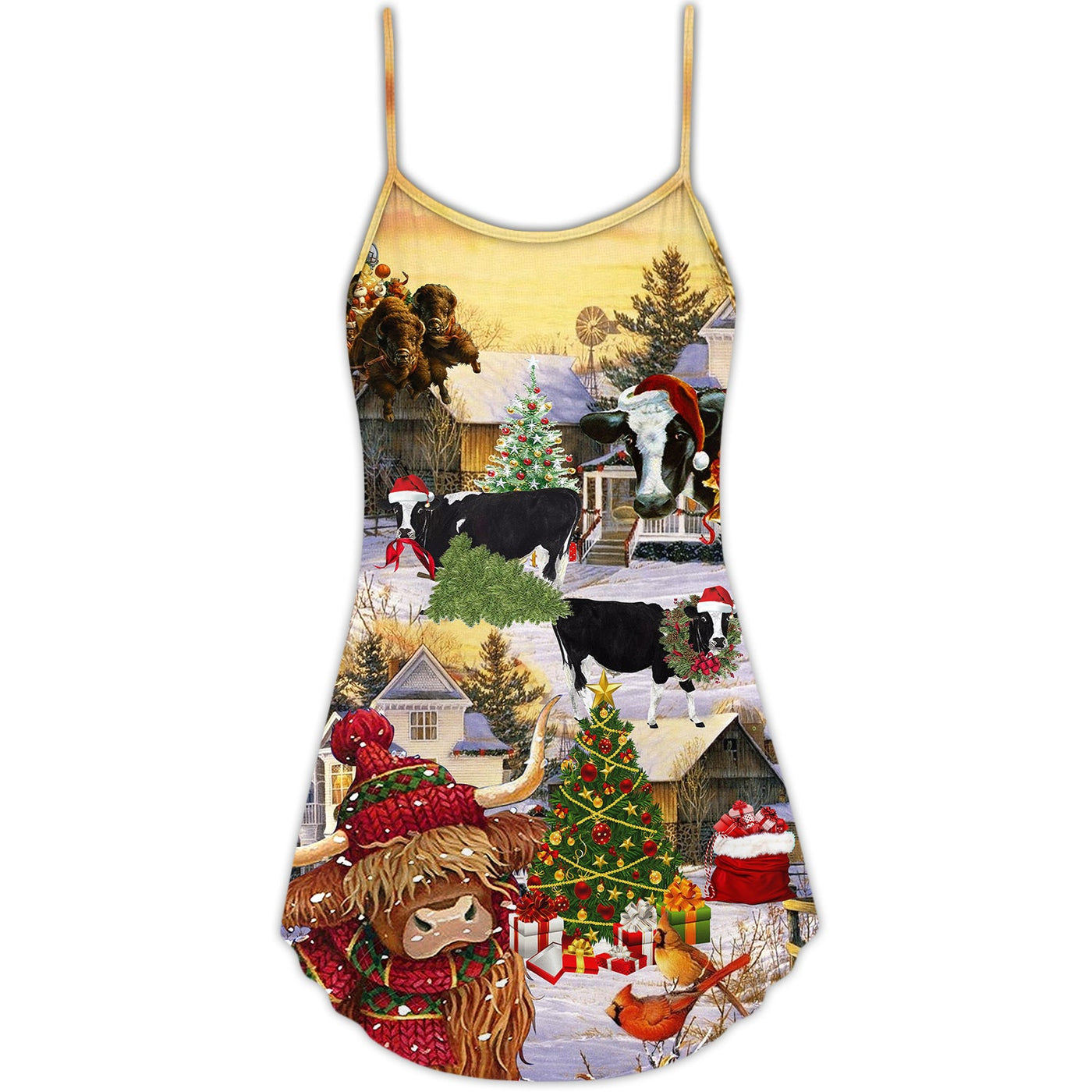 Christmas Cows Love Animals Love - V-neck Sleeveless Cami Dress - Owls Matrix LTD