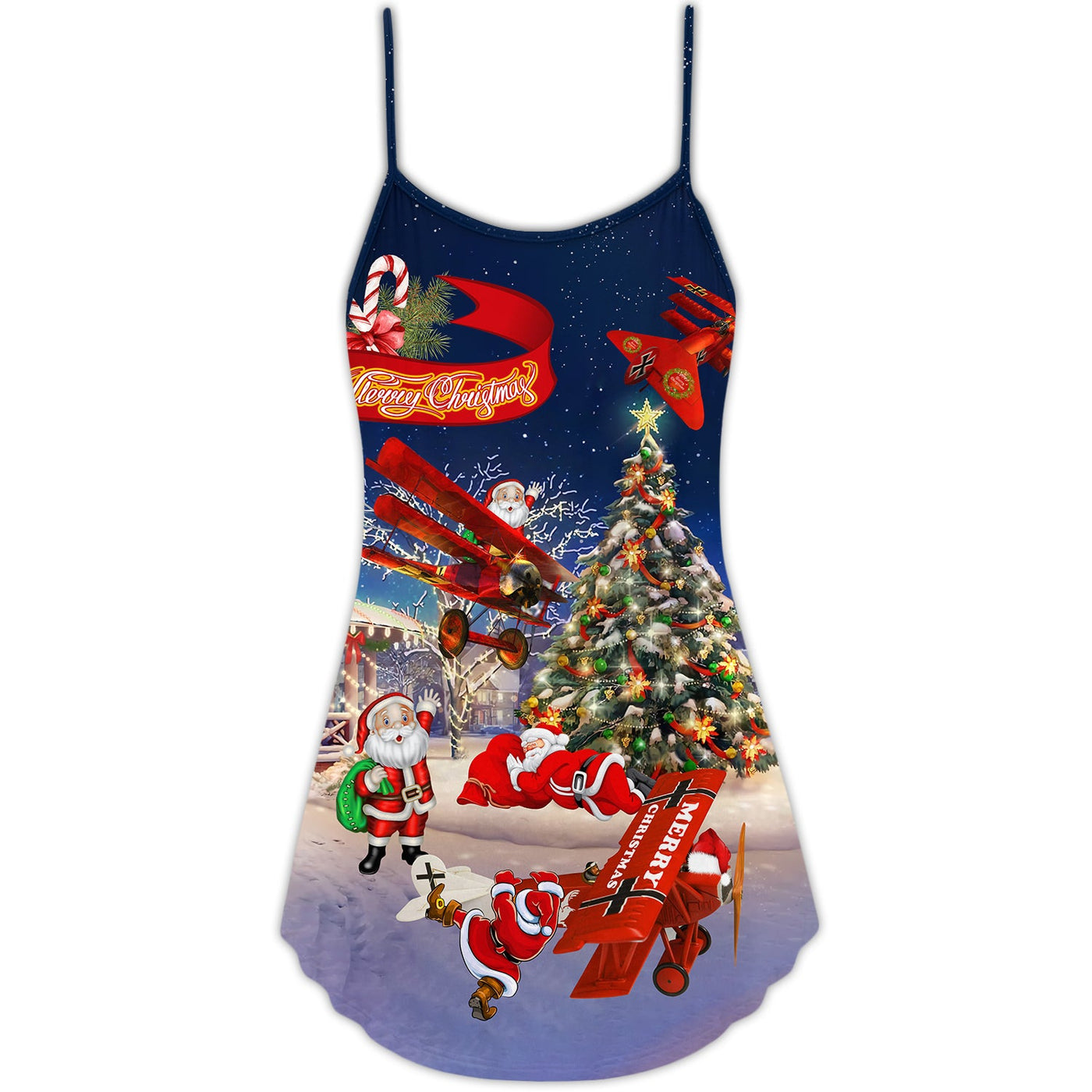 Christmas No Reindeer Any More Santa Loves Airplane - V-neck Sleeveless Cami Dress - Owls Matrix LTD