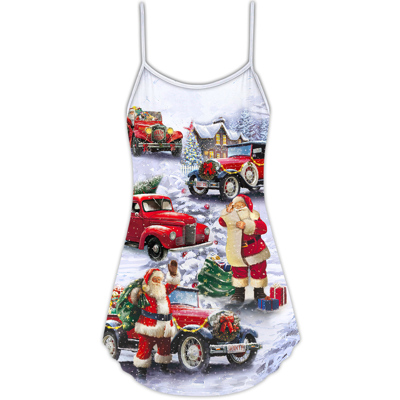 Christmas Santa Claus Funny Red Truck Gift For Xmas Painting Style - V-neck Sleeveless Cami Dress - Owls Matrix LTD