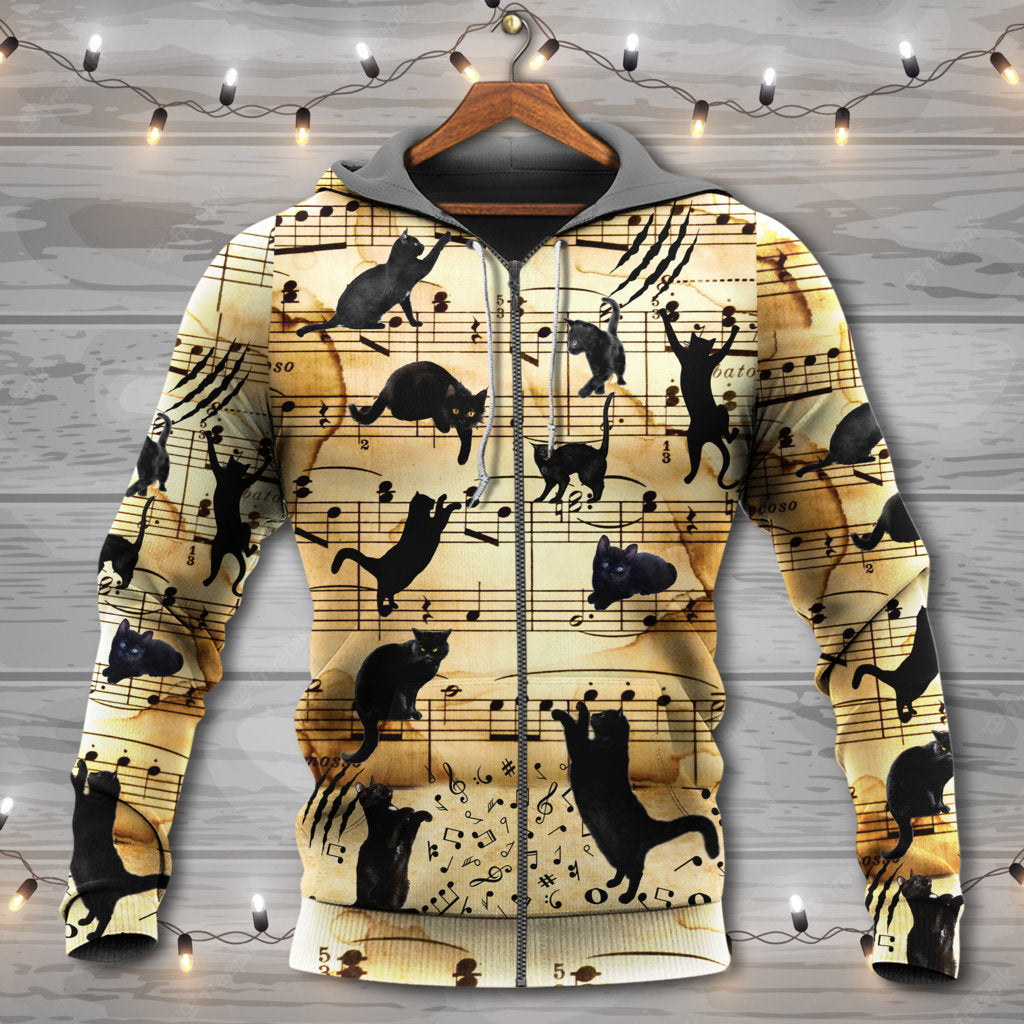 Black Cat Love Music Note - Hoodie - Owls Matrix LTD