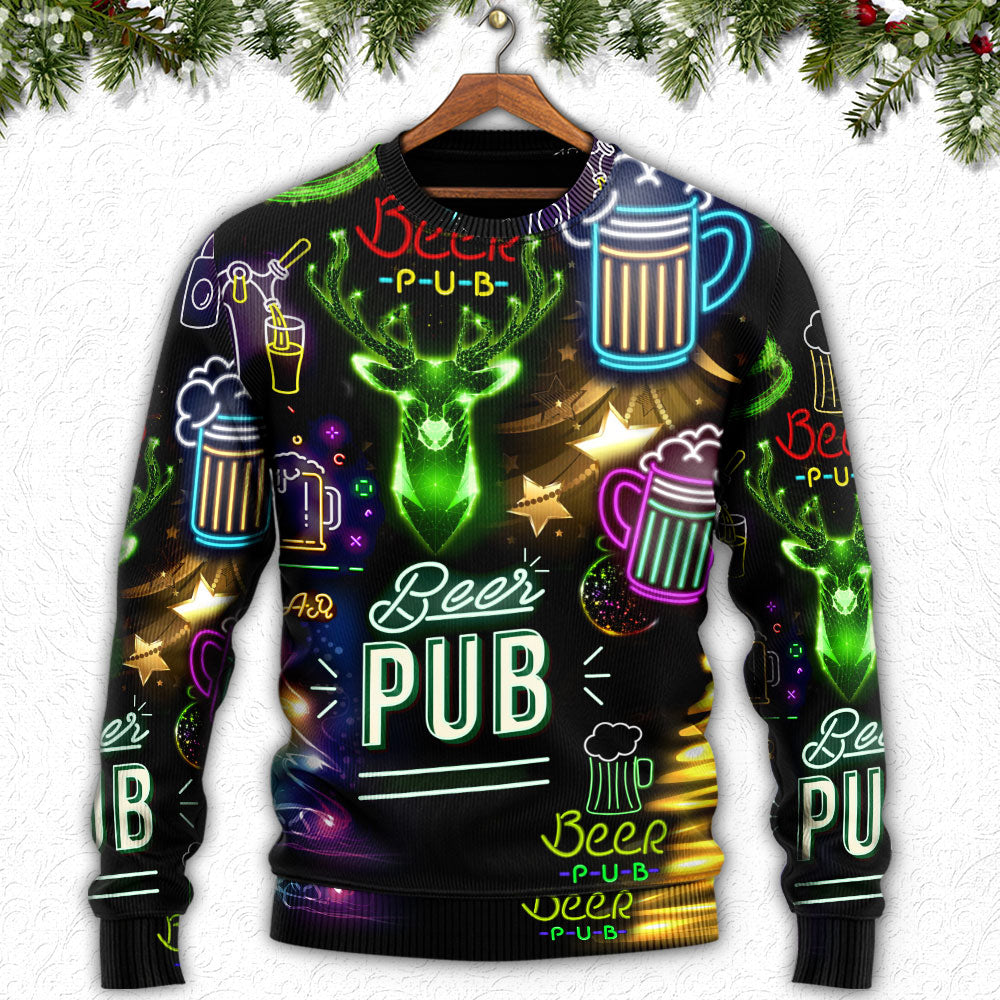 Beer Christmas Neon Art Drinking - Sweater - Ugly Christmas Sweaters - Owls Matrix LTD