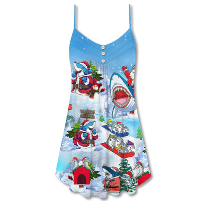 Shark Santa Love Xmas Merry Christmas - V-neck Sleeveless Cami Dress - Owls Matrix LTD