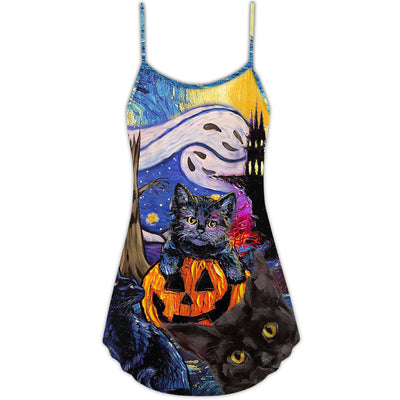 Halloween Black Cat Starry Night Funny Cat Painting Art Style - V-neck Sleeveless Cami Dress - Owls Matrix LTD