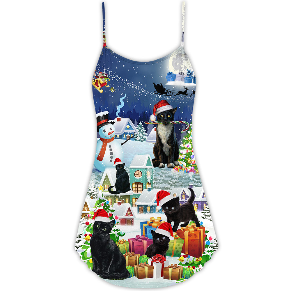 Black Cat Merry Catmas Christmas - V-neck Sleeveless Cami Dress - Owls Matrix LTD