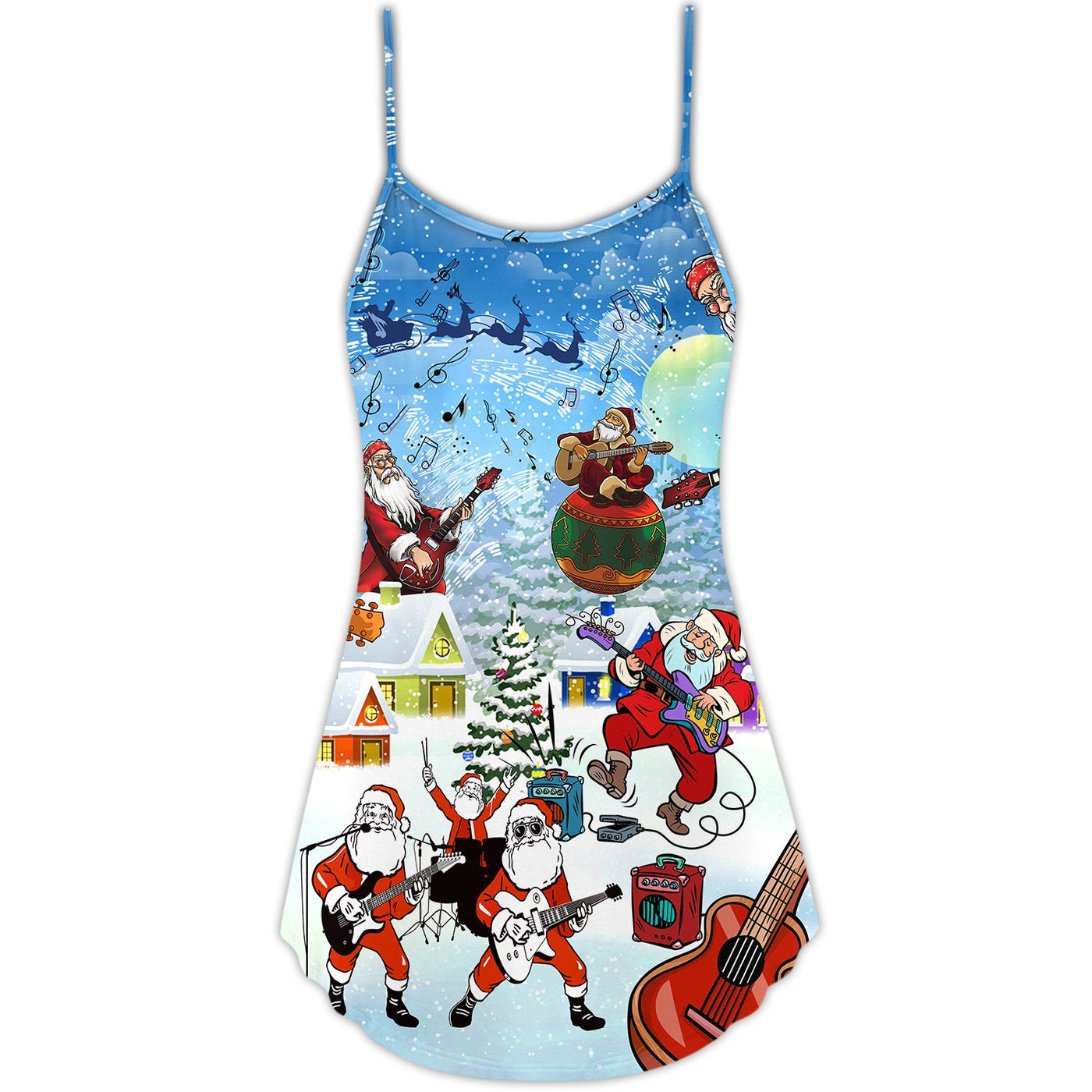 Christmas Santa Loves Music And Guitar - V-neck Sleeveless Cami Dress - Owls Matrix LTD
