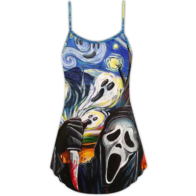 Halloween Ghost Scream Starry Night Funny Boo Art Style - V-neck Sleeveless Cami Dress - Owls Matrix LTD