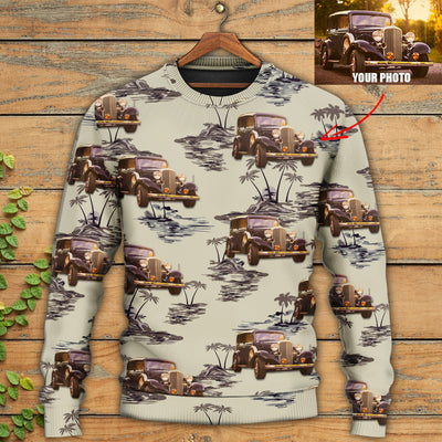 Vintage Car Deserted Island Pattern With Palm Trees Custom Photo - Sweater - Ugly Christmas Sweaters - Owls Matrix LTD