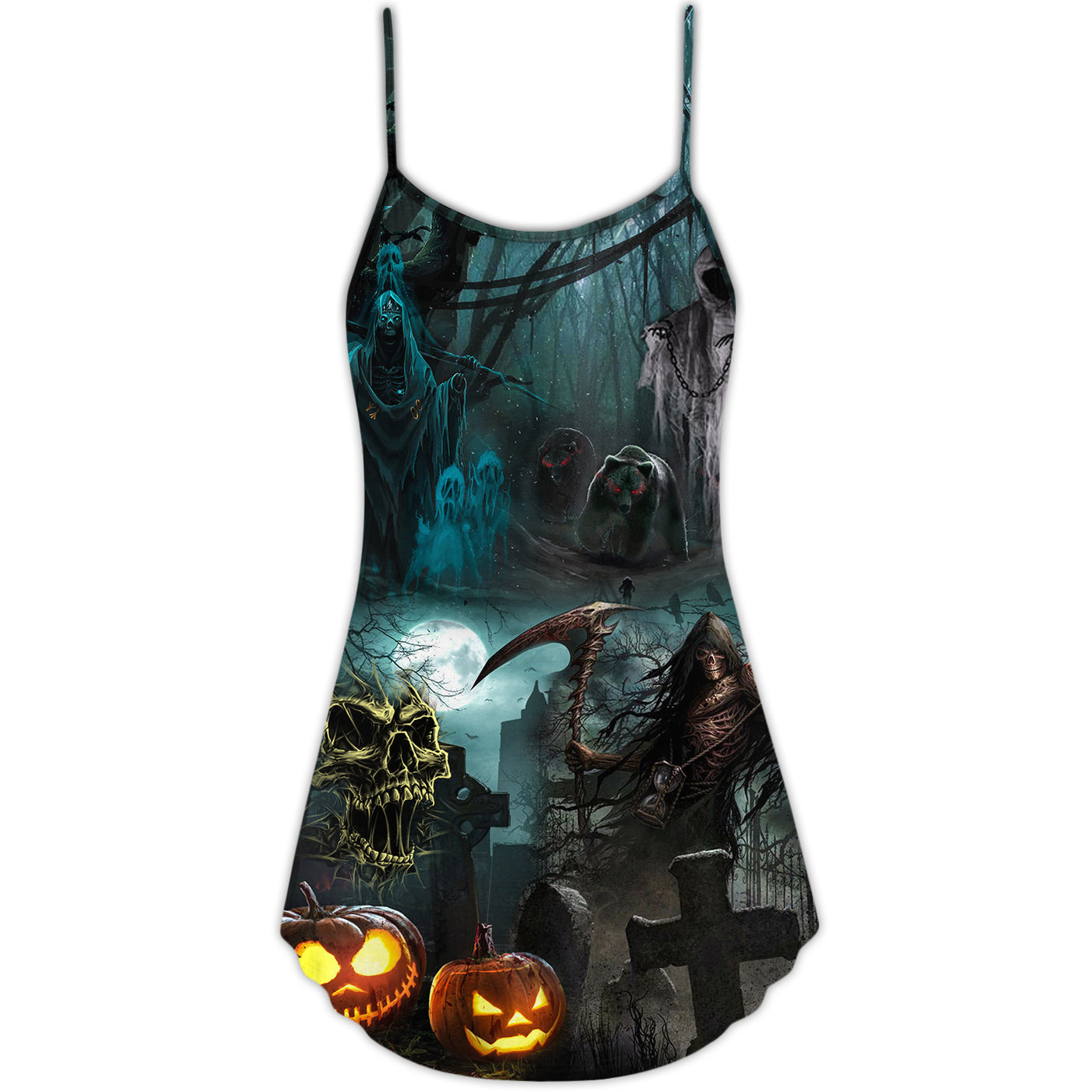 Halloween Ghost In The Dark Pumpkin Scary - V-neck Sleeveless Cami Dress - Owls Matrix LTD
