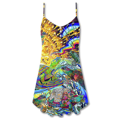 Hippie Turtle Colorful Art Peace - V-neck Sleeveless Cami Dress - Owls Matrix LTD
