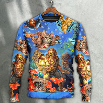 Diving Cat Under The Sea Art Style - Sweater - Ugly Christmas Sweaters - Owls Matrix LTD