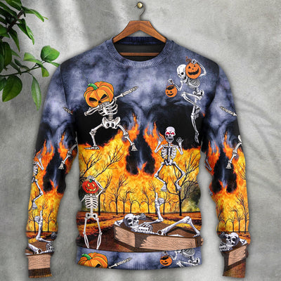 Halloween Skeleton Party Pumpkin Burning Scary - Sweater - Ugly Christmas Sweaters - Owls Matrix LTD