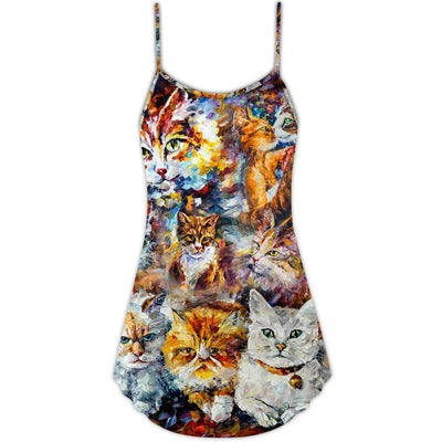 Cat Art Lover Cat Colorful Mixer - V-neck Sleeveless Cami Dress - Owls Matrix LTD