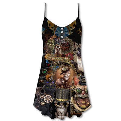 Cat Steampunk Art Keep Calm And Steampunk - V-neck Sleeveless Cami Dress - Owls Matrix LTD