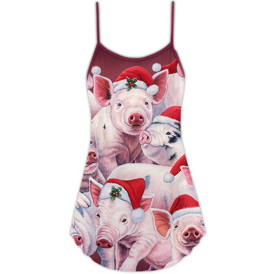 Christmas Piggies Funny Xmas Is Coming Art Style - V-neck Sleeveless Cami Dress - Owls Matrix LTD