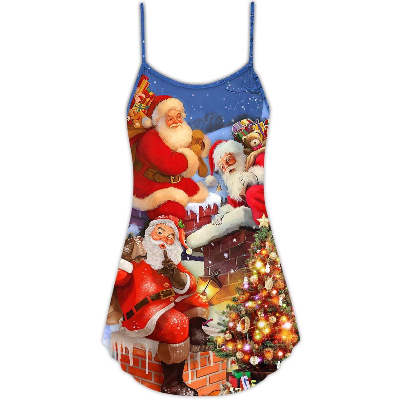 Christmas Up On Rooftop Santa Claus Art Style - V-neck Sleeveless Cami Dress - Owls Matrix LTD
