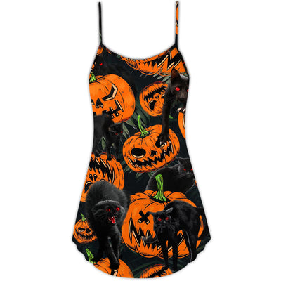 Halloween Black Cat Pumpkin Scary Tropical - V-neck Sleeveless Cami Dress - Owls Matrix LTD