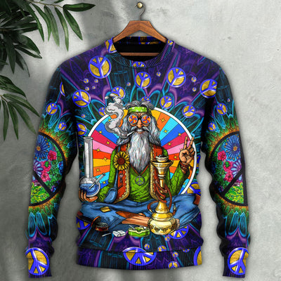 Hippie Peace Sign Old Man Smoking Weed - Sweater - Ugly Christmas Sweaters - Owls Matrix LTD