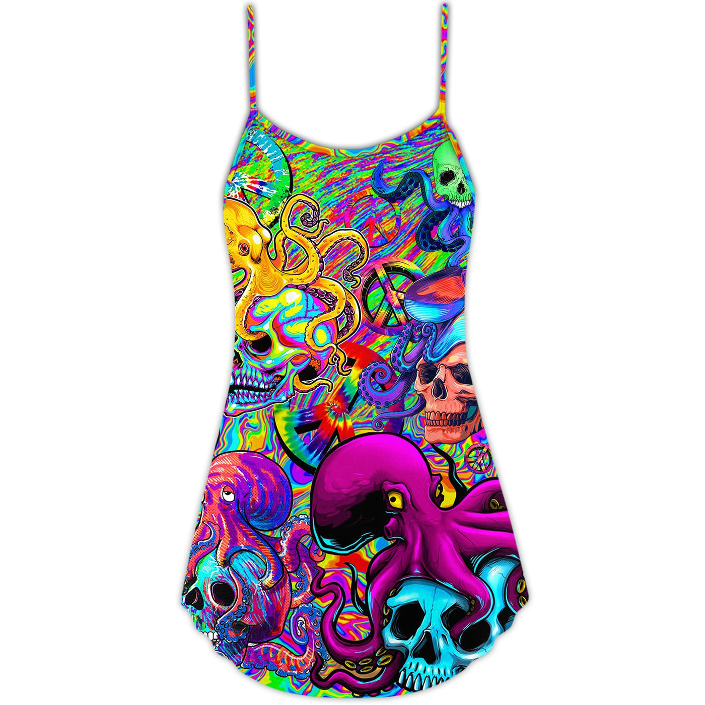 Hippie Skull Octopus Colorful Tie Dye - V-neck Sleeveless Cami Dress - Owls Matrix LTD