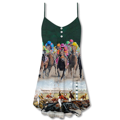 Horse Racing Great Horse Best Seat - V-neck Sleeveless Cami Dress - Owls Matrix LTD