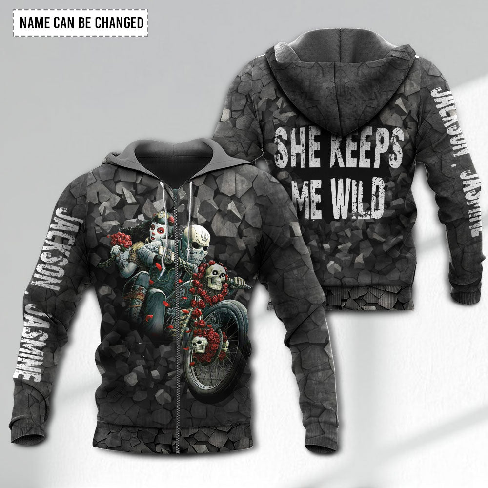 Motorcycle Couple Skull She Keeps Me Wild Personalized - Hoodie - Owls Matrix LTD