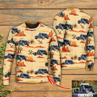 Hot Rod Vintage Landscape Cowboy Custom Photo - Sweater - Ugly Christmas Sweaters - Owls Matrix LTD