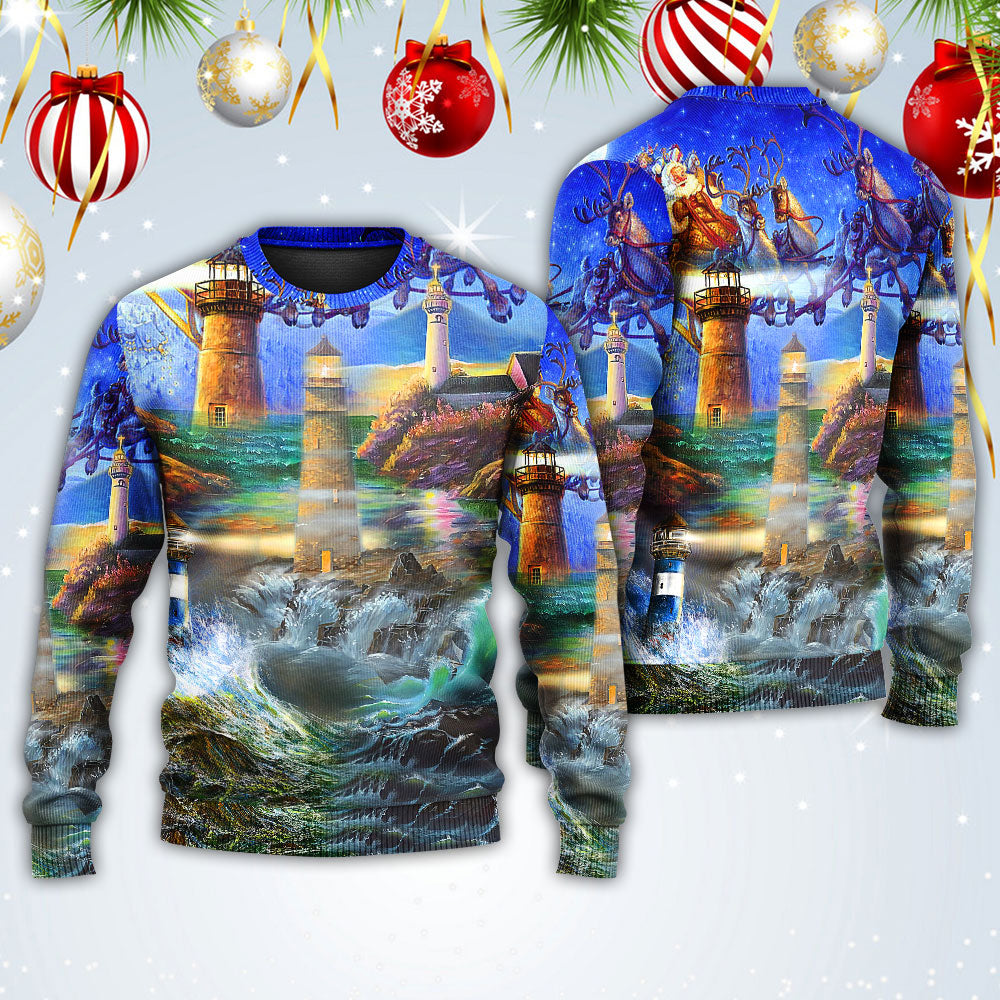 Lighthouse Christmas Santa Shine Like A Lighthouse - Sweater - Ugly Christmas Sweaters - Owls Matrix LTD