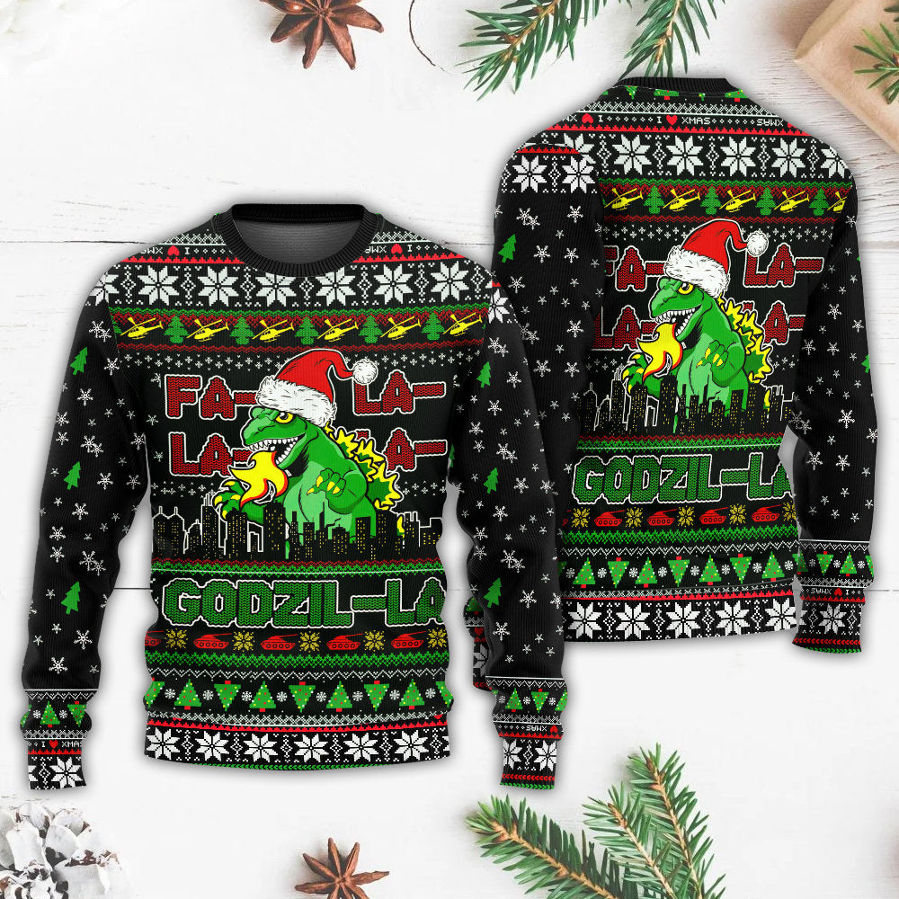 Christmas Godzila Falalalala Xmas - Sweater - Ugly Christmas Sweaters - Owls Matrix LTD