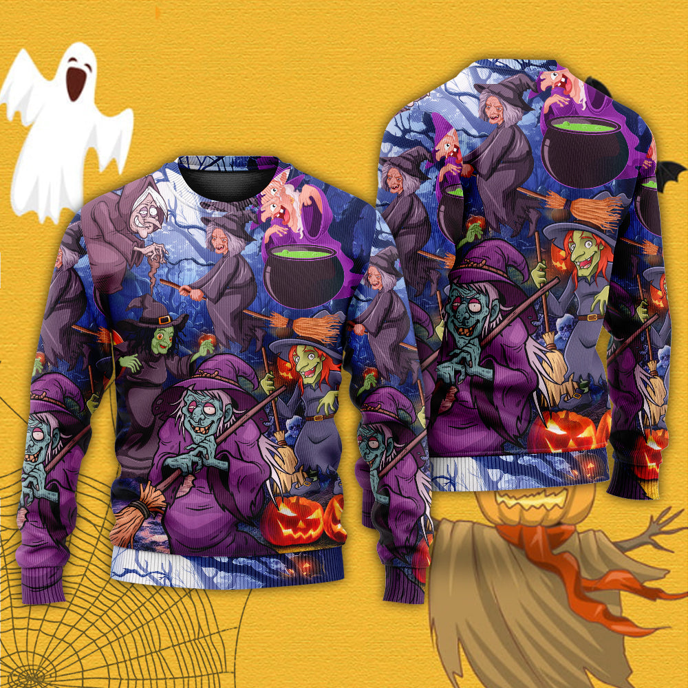 Halloween Funny Witch Pumpkin In The Magic Forest - Sweater - Ugly Christmas Sweaters - Owls Matrix LTD